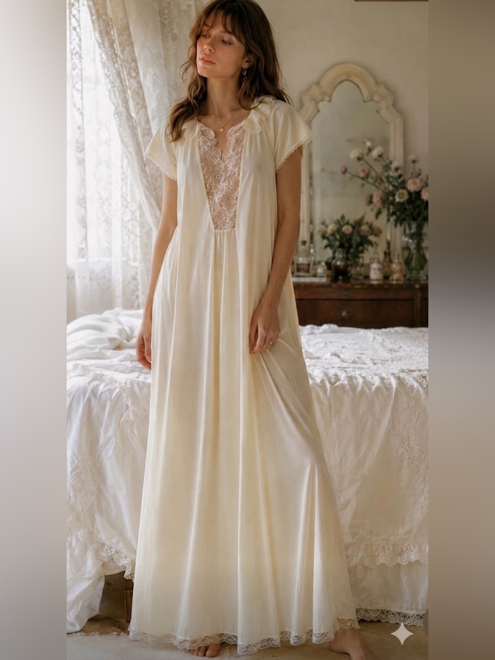 Vintage Francheska Valdy Pale Yellow Lace-Trim Long Maxi Nylon Nightgown Sz M